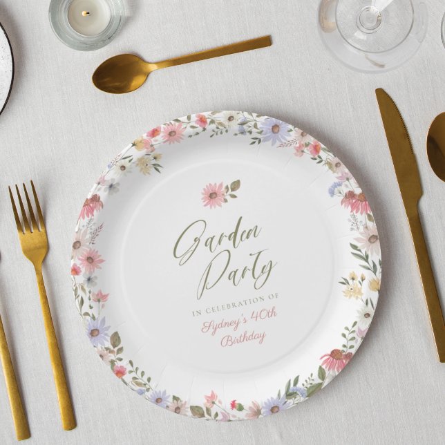Garden Party Watercolor Wildflower Floral Birthday Paper Plates