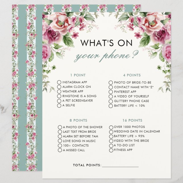 Garden Party What On Your Phone Bridal Shower Game (Front/Back)