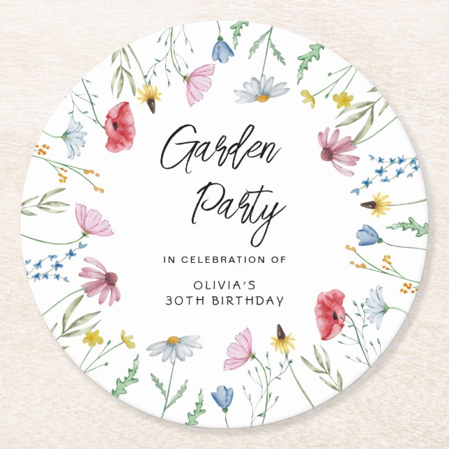 Garden Party Wildflowers Birthday Round Paper Coaster (Front)