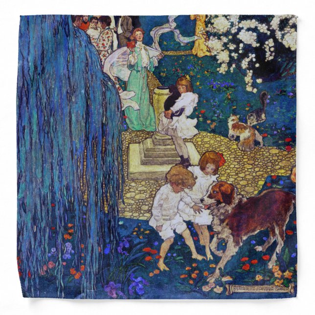 Garden Party with Dog & Cat, Jessie Willcox Smith Bandana (Front)
