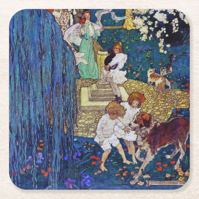 Garden Party with Dog & Cat, Jessie Willcox Smith Square Paper Coaster (Front)