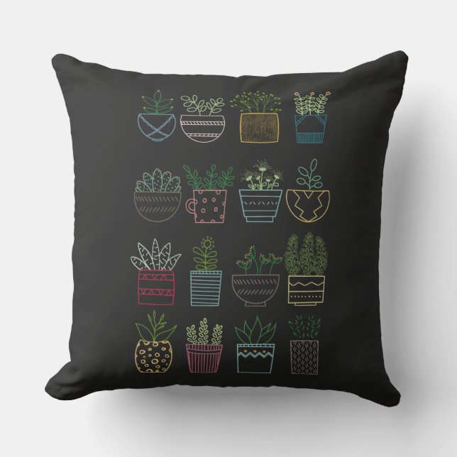 Garden Party with Pots and Flowers Throw Pillow (Front)