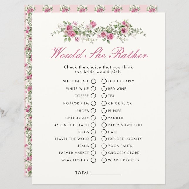 Garden Party Would She Rather Bridal Shower Game (Front/Back)