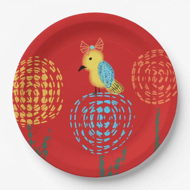 Garden Party -Yellow Bird Birthday Paper Plates (Front)