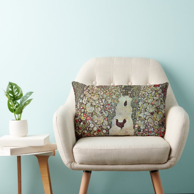 Garden Path w Chickens, Gustav Klimt, Art Nouveau Lumbar Pillow (Chair)