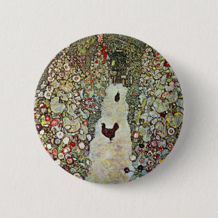Garden Path w Chickens, Gustav Klimt, Art Nouveau Pinback Button