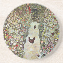 Garden Path w Chickens, Gustav Klimt, Art Nouveau Sandstone Coaster
