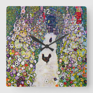 Garden Path with Chickens, Gustav Klimt Square Wall Clock