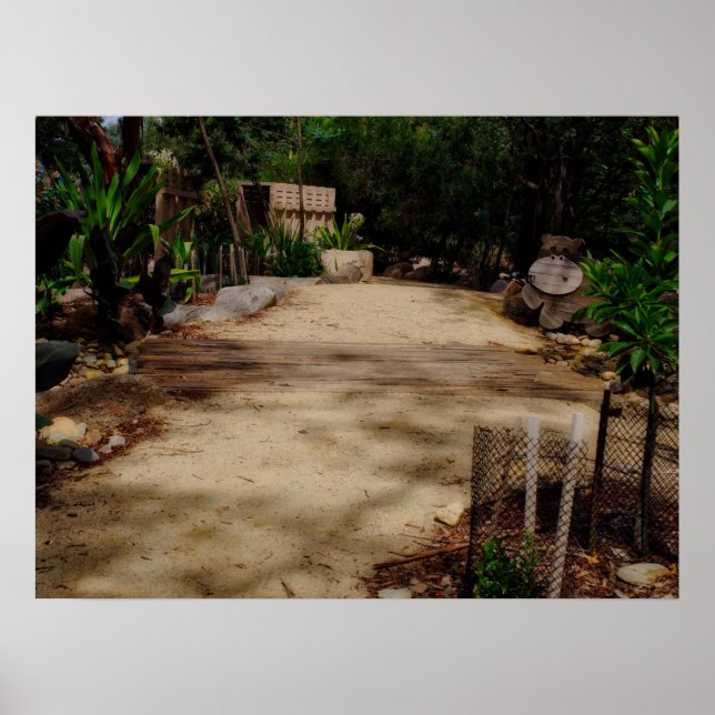 Garden Pathway Wooden Bridge Lush Greenery Poster (Front)