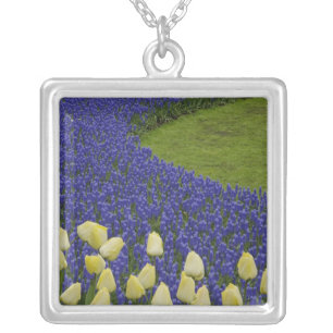 Garden pattern of Grape Hyacinth flowers and 2 Silver Plated Necklace