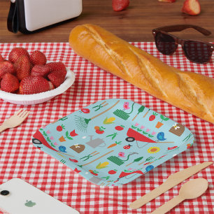 Garden Pattern Spring Flowers and Gardening Tools Paper Plates