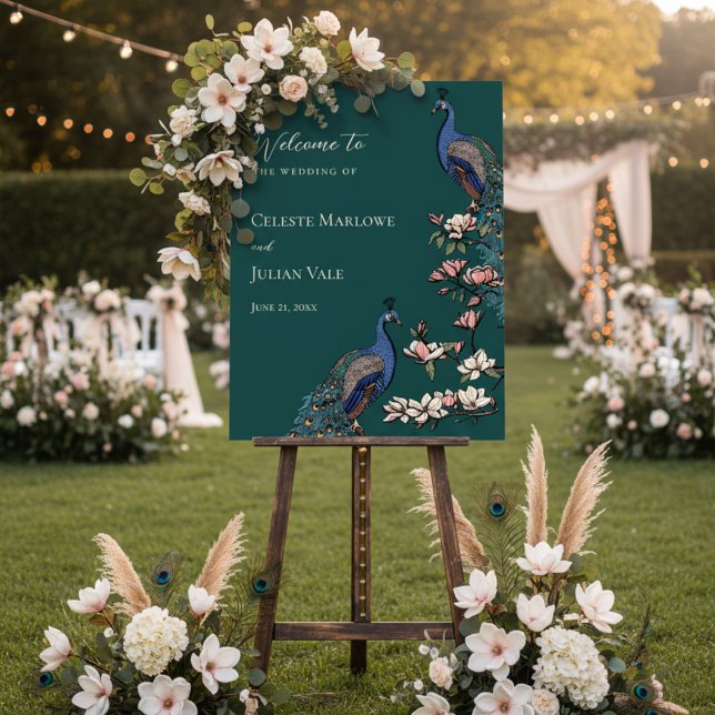 Garden Peacock & Magnolia Wedding Welcome Sign (Elegant Floral Teal Peacock Welcome Sign. Modern Blue & Teal Peacock Wedding Sign in Dark Teal.)