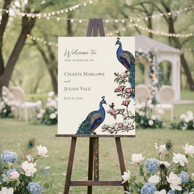 Garden Peacock & Magnolia Wedding Welcome Sign (Elegant Floral Teal Peacock Welcome Sign. Modern Blue & Teal Peacock Wedding Sign in Ivory.)