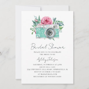 Garden peonies bridal shower. Boho floral camera Invitation