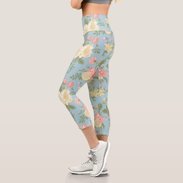 Garden Peony Floral Pattern Capri Leggings (Left)