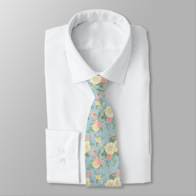Garden Peony Floral Pattern Neck Tie (Tied)
