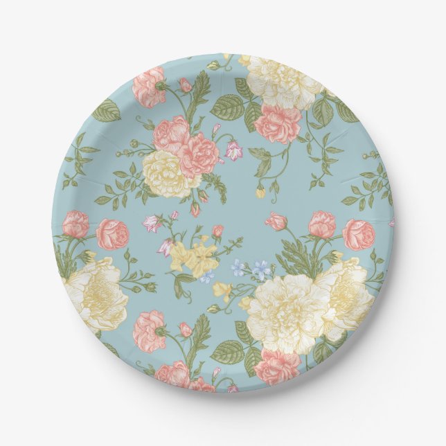 Garden Peony Floral Pattern Paper Plates (Front)
