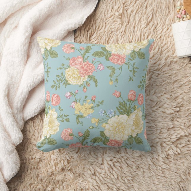 Garden Peony Floral Pattern Throw Pillow (Blanket)