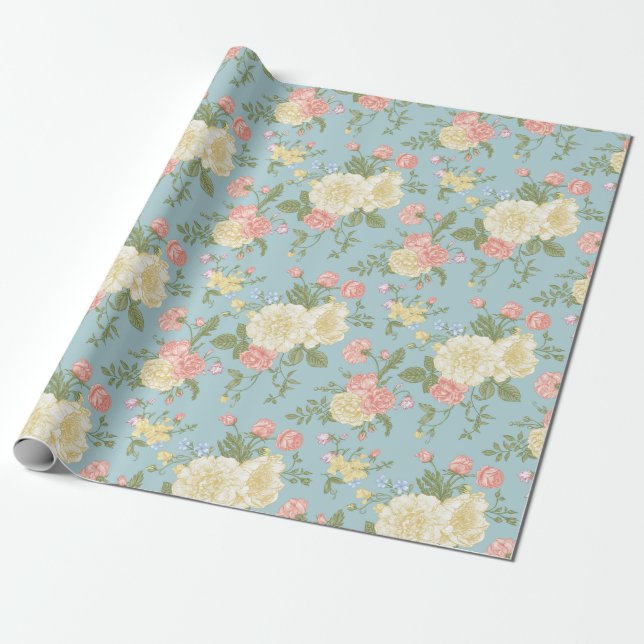 Garden Peony Floral Pattern Wrapping Paper (Unrolled)