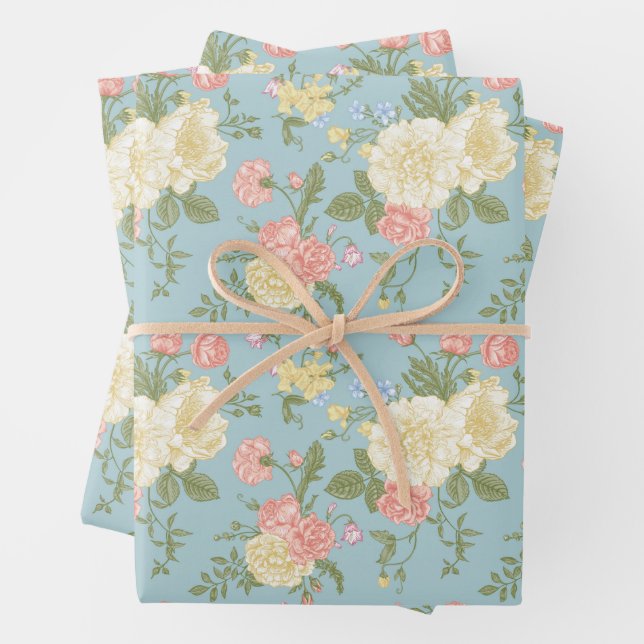 Garden Peony Floral Pattern Wrapping Paper Sheets (In situ)