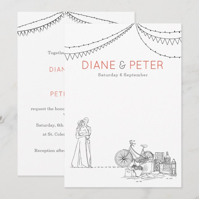 Garden Picnic Minimalist Black and White Wedding Invitation (Front/Back)