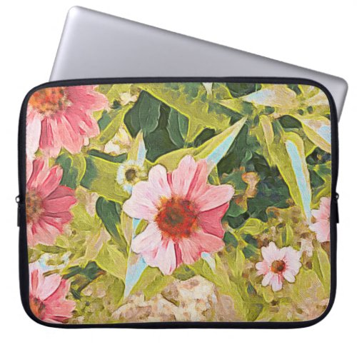 Garden Pink Coneflowers Green Leaves Original Art Laptop Sleeve