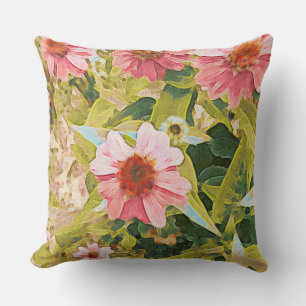 Garden Pink Coneflowers Green Leaves Original Art Throw Pillow