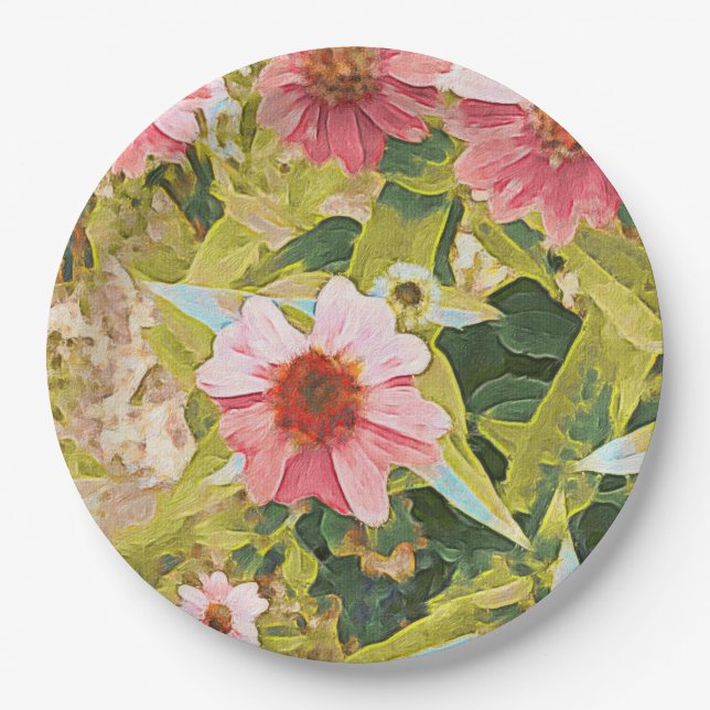 Garden Pink Coneflowers Green Leaves Party Paper Plates (Front)