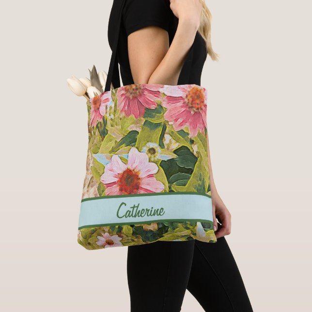 Garden Pink Coneflowers Leaves Name Personalized Tote Bag (Close Up)