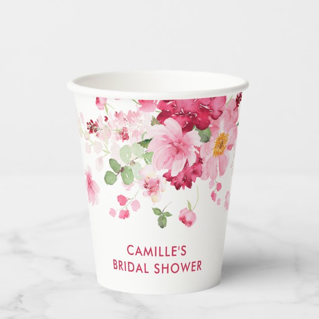 Garden Pink Floral Bridal Shower Paper Cups (Front)