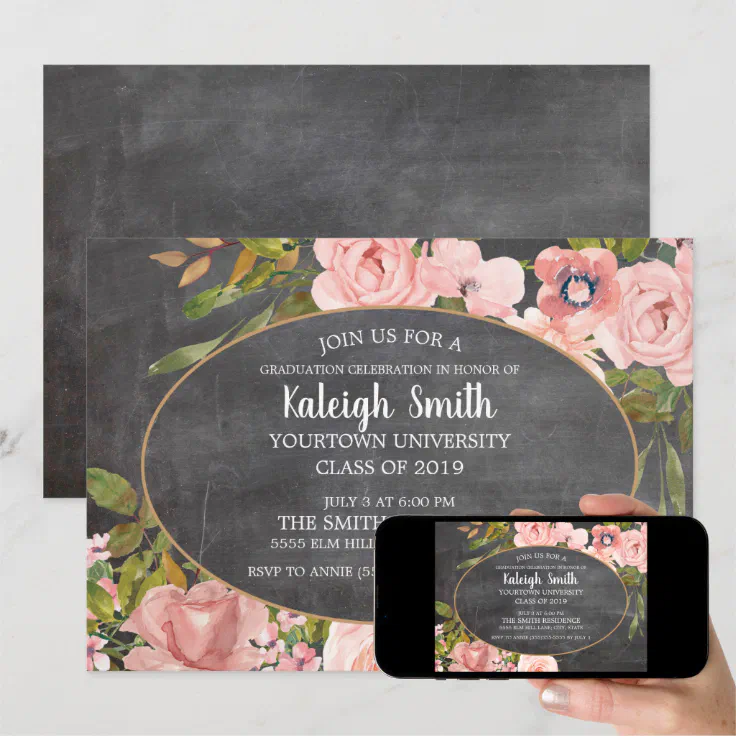 Garden Pink Floral Chalkboard Grad Party Invitation | Zazzle