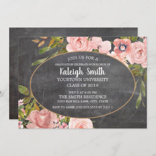 Garden Pink Floral Chalkboard Grad Party Invitation