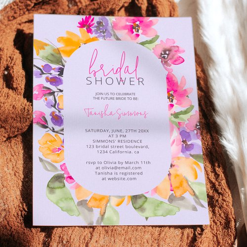 Garden pink floral watercolor script bridal shower invitation