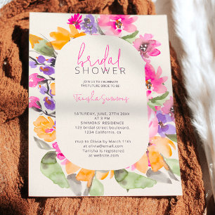 Garden pink floral watercolor script bridal shower invitation