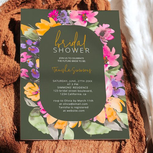 Garden pink floral watercolor script bridal shower invitation