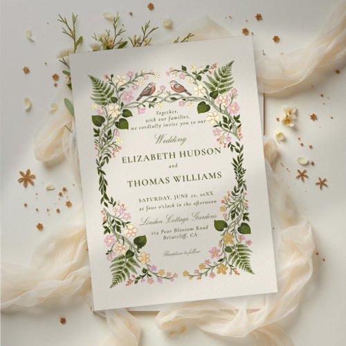 Garden Pink Green Floral Whimsical Gold Wedding Foil Invitation