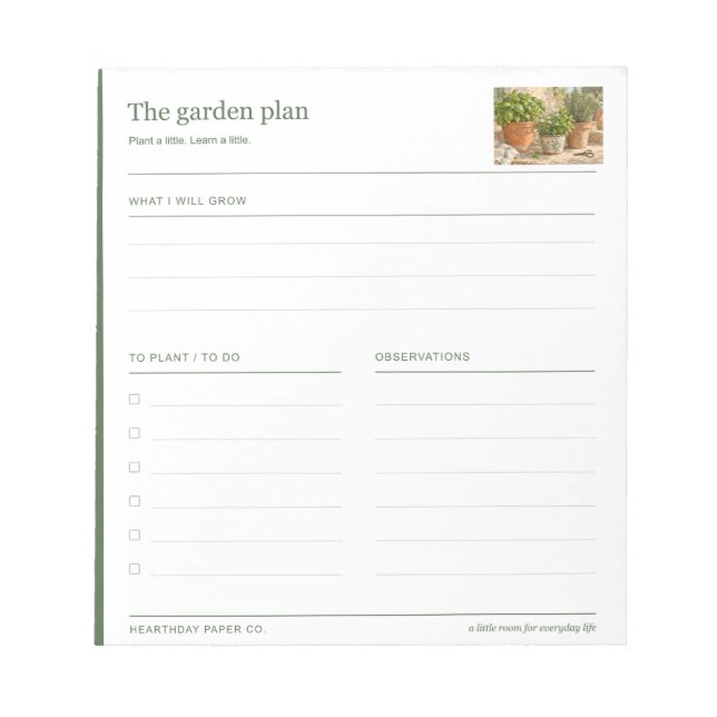 Garden Plan Planting Notes Notepad (Front)