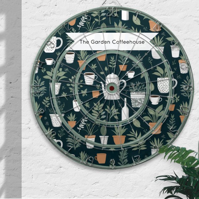 Garden Plants and Coffee Personalized Dart Board (A modern dartboard with garden plants and coffee design, with custom text)