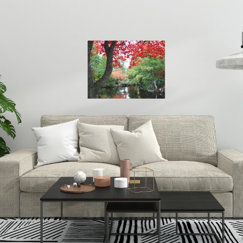 Garden Pond and Red Leaves Seasonal Landscape Canvas Print