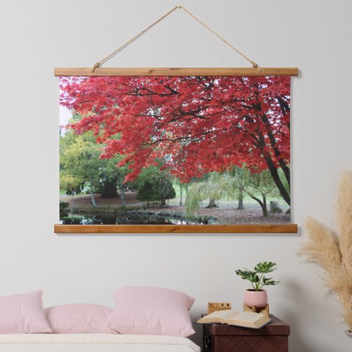 Garden Pond Autumn Colored Maple Leaves Hanging Tapestry