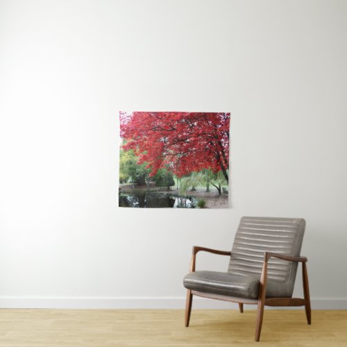 Garden Pond Autumn Colored Maple Leaves Tapestry