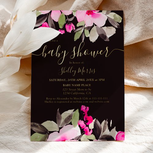 Garden pretty pink floral watercolor baby shower foil invitation