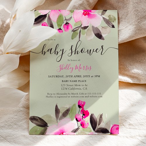 Garden pretty pink floral watercolor baby shower invitation