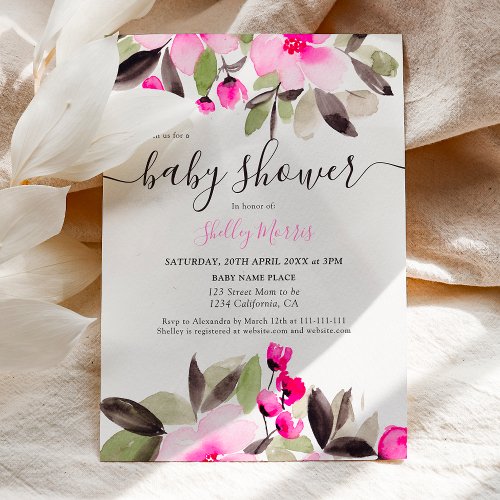 Garden pretty pink floral watercolor baby shower invitation