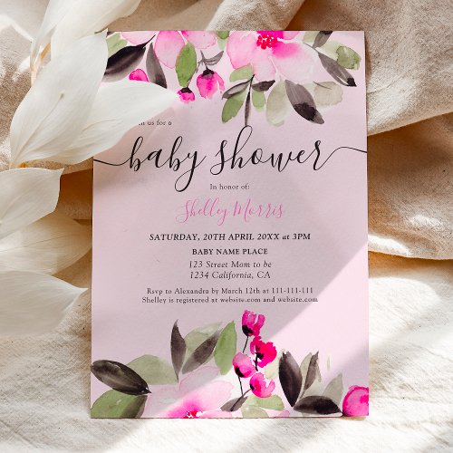 Garden pretty pink floral watercolor baby shower invitation