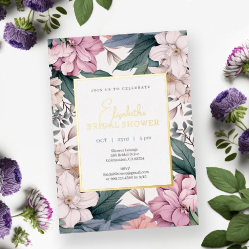 Garden Purple Floral Watercolor Bridal Shower Gold Foil Invitation