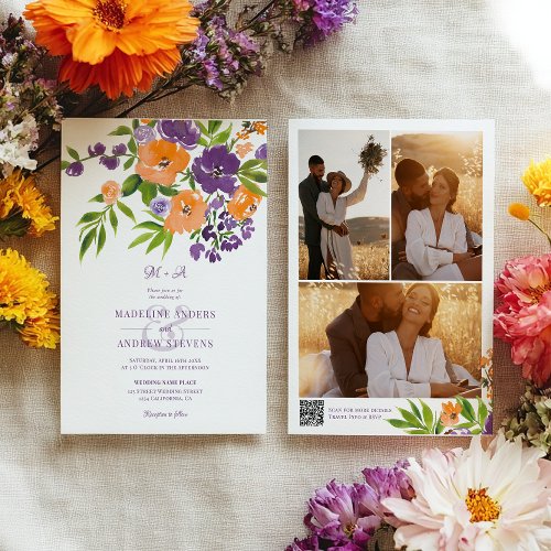 Garden Purple Orange Floral photos Qr code wedding