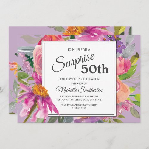 Garden Purple Pink Floral 50th Birthday Party Invitation