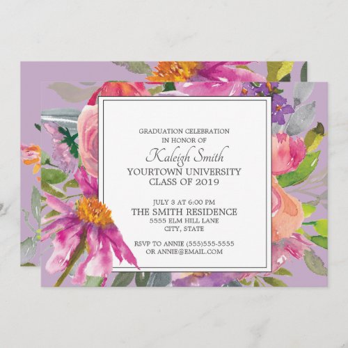 Garden Purple Pink Floral Grad Party Invitation