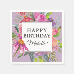 Garden Purple Pink Floral Happy Birthday Party Napkins